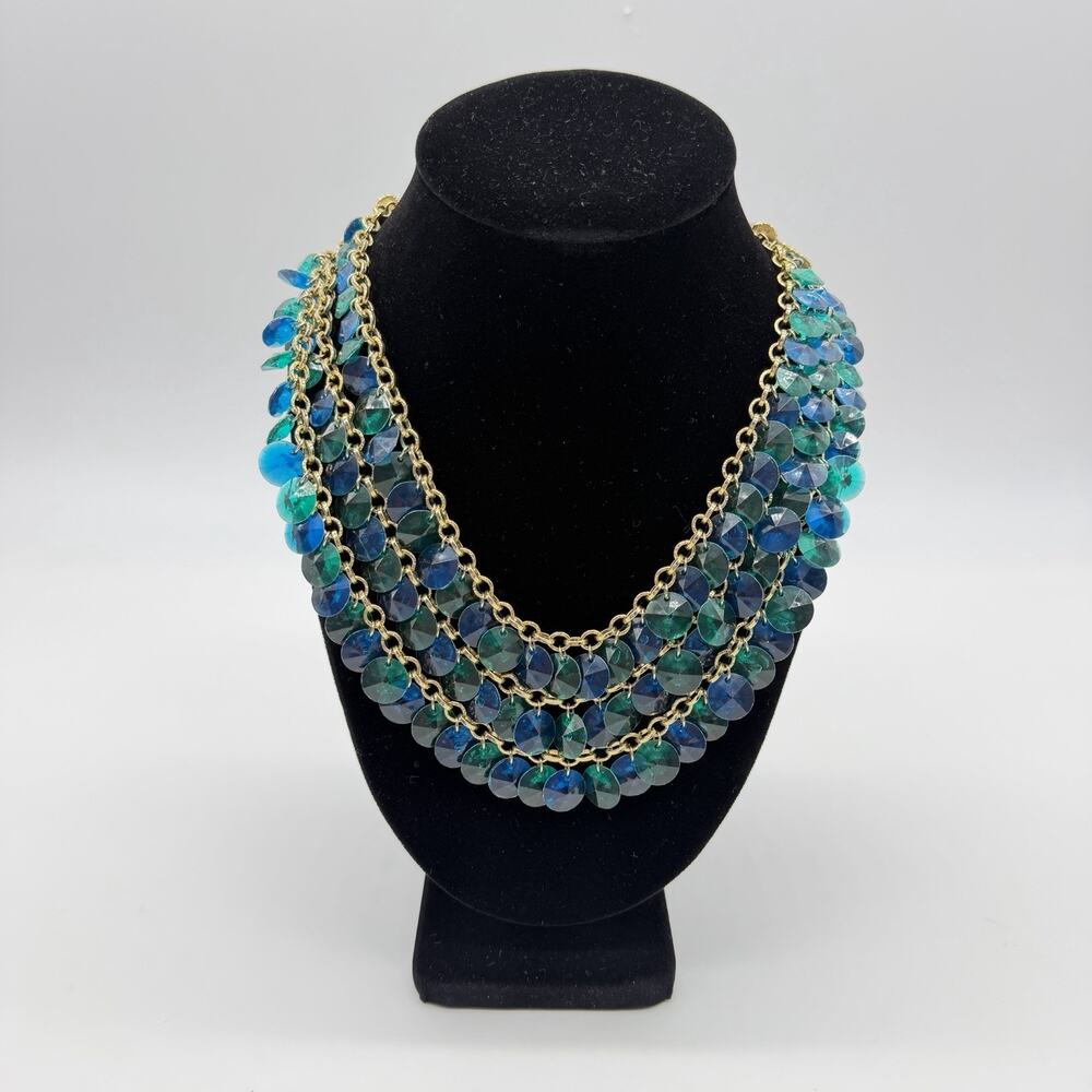 Vintage Blue Green Faceted Disc Fringe Necklace Gold Tone Multi Strand Bib 17”